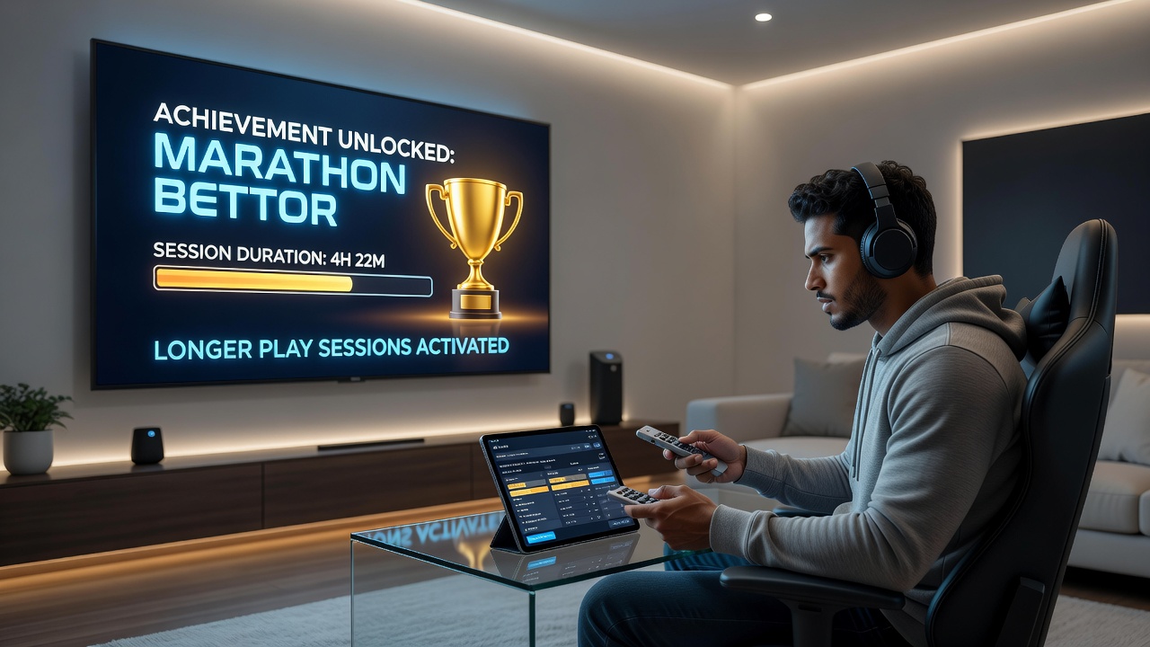 Players engaging with achievement unlocks on a remote betting interface during extended sessions