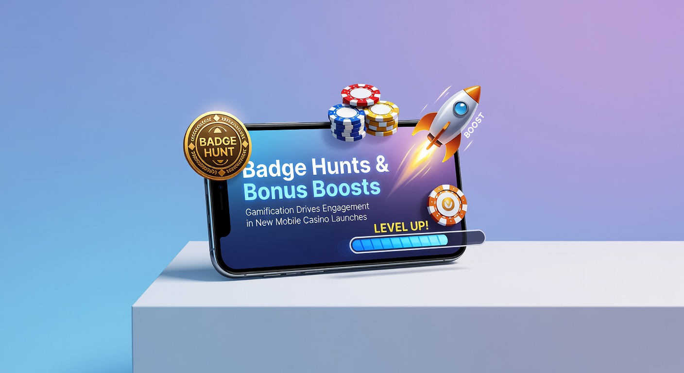 Vibrant mobile casino screen showing badge collection interface with glowing achievements and bonus multipliers