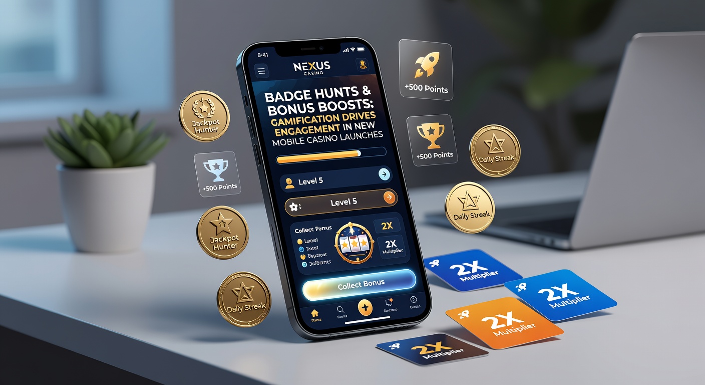 Dynamic casino app dashboard displaying bonus boost progress bar alongside badge icons and spinning reels