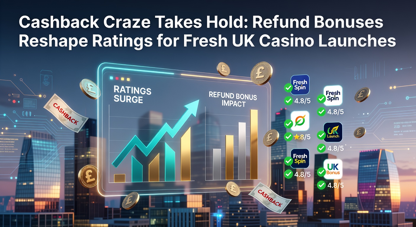 Vibrant graphic showing cashback icons, casino chips, and rising rating stars against a UK flag backdrop, illustrating the growing popularity of refund bonuses in new online casino platforms