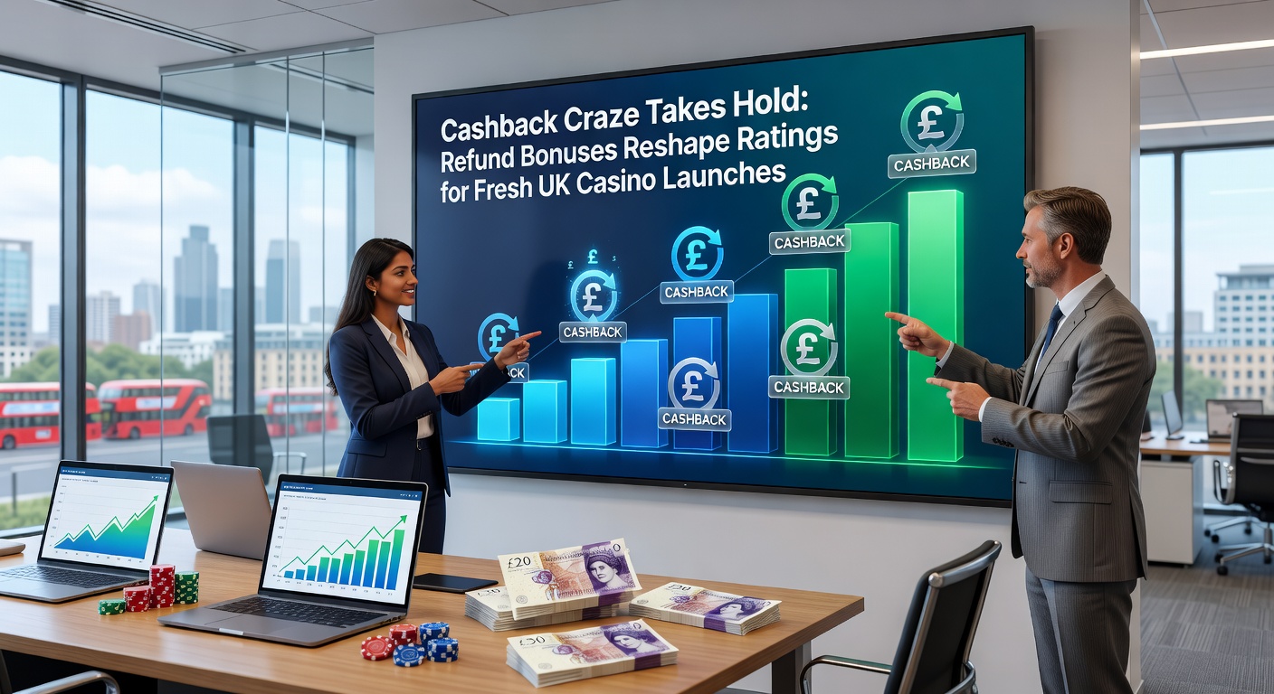 Screenshot of a mobile casino app dashboard highlighting a cashback bonus notification, with refund amounts, wagering progress bar, and glowing user testimonials