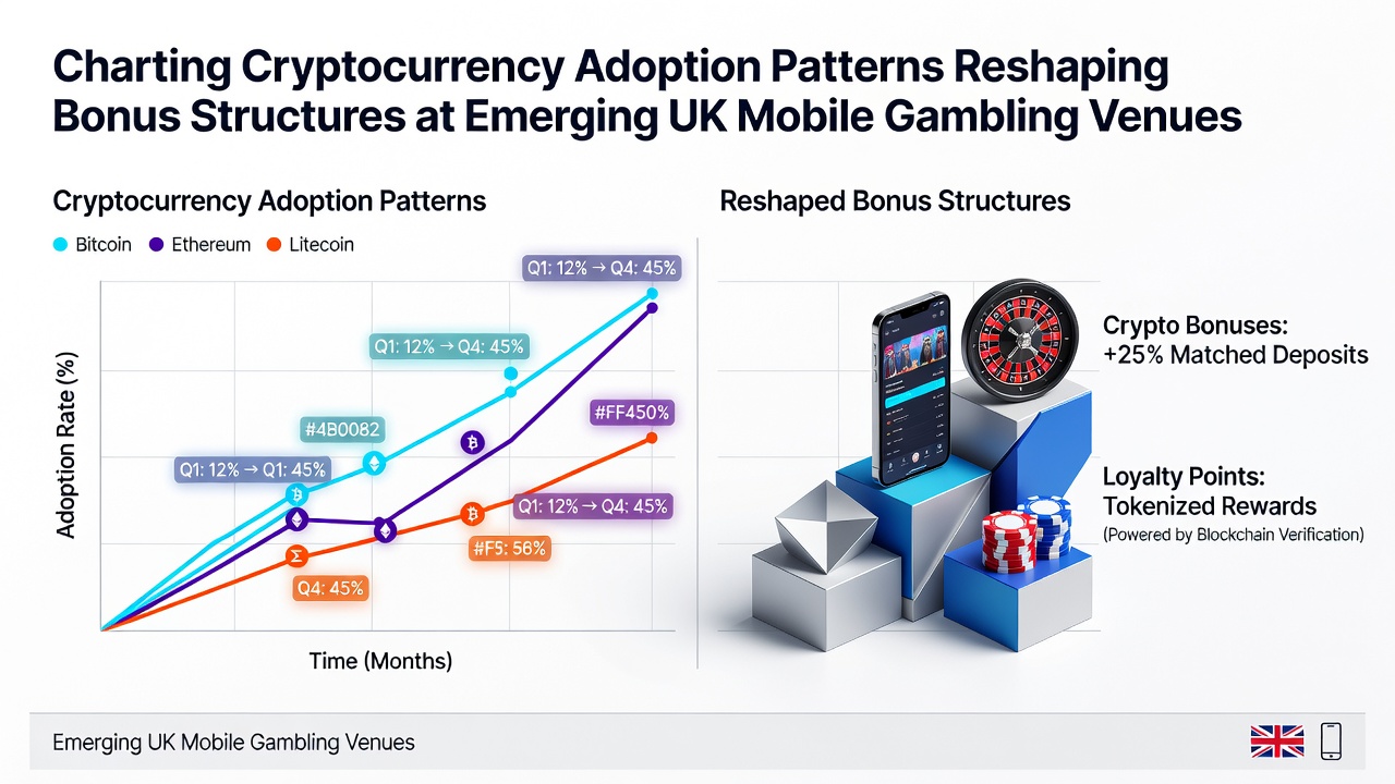 Cryptocurrency charts and mobile gambling interfaces showing adoption trends in UK venues