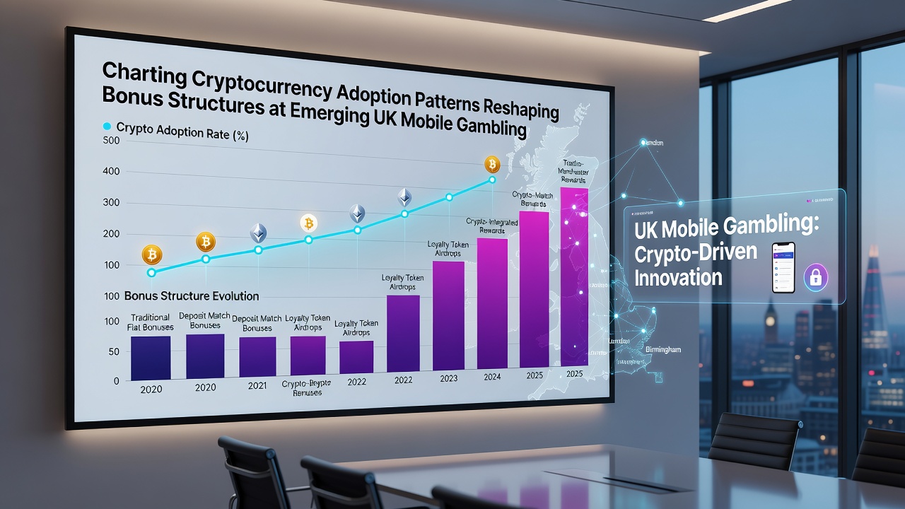 Mobile app screens displaying varied bonus structures linked to cryptocurrency deposits at UK gambling venues