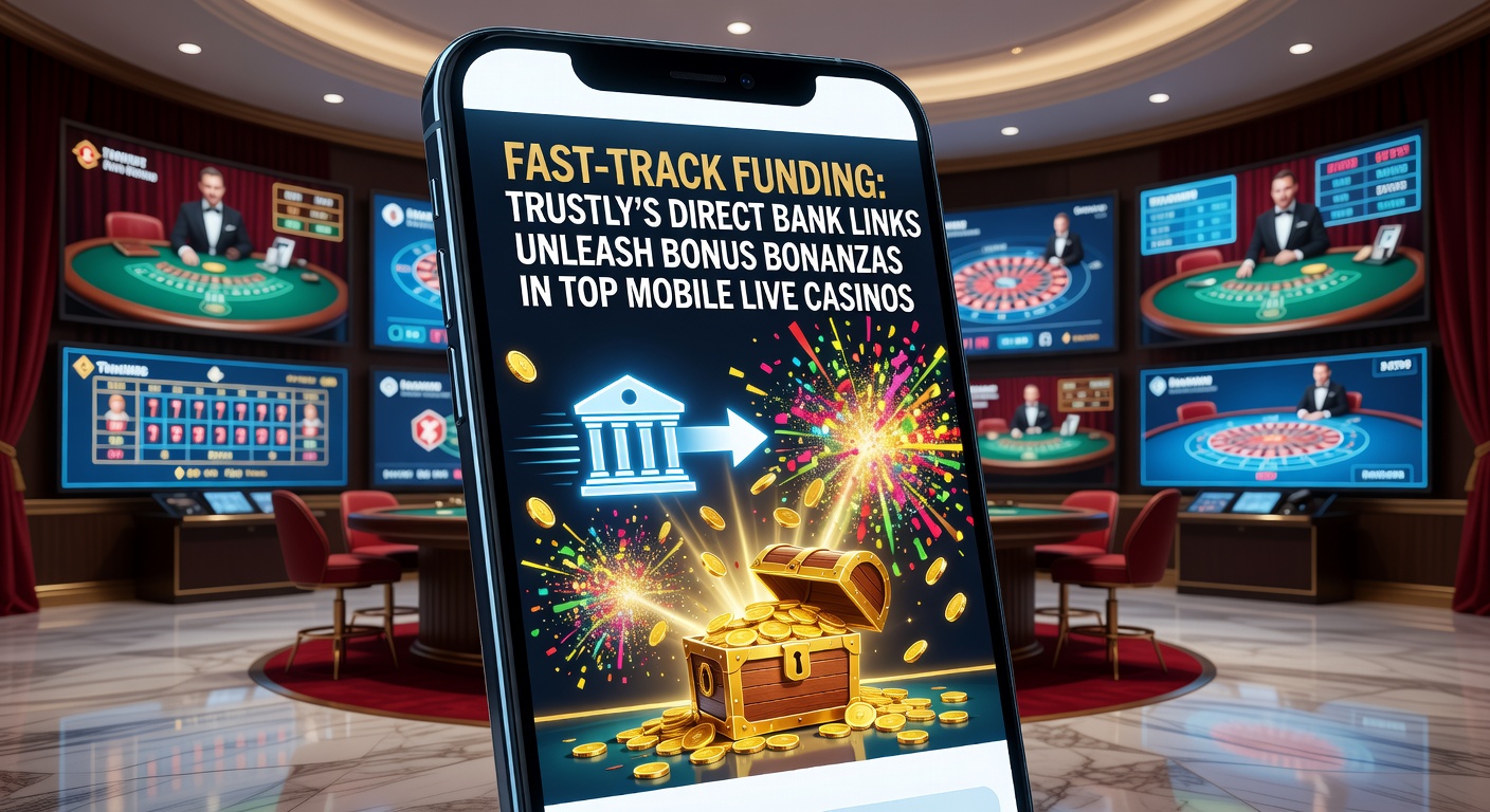 Illustration of a mobile phone screen showing a seamless bank transfer to a live casino table game with bonus icons exploding
