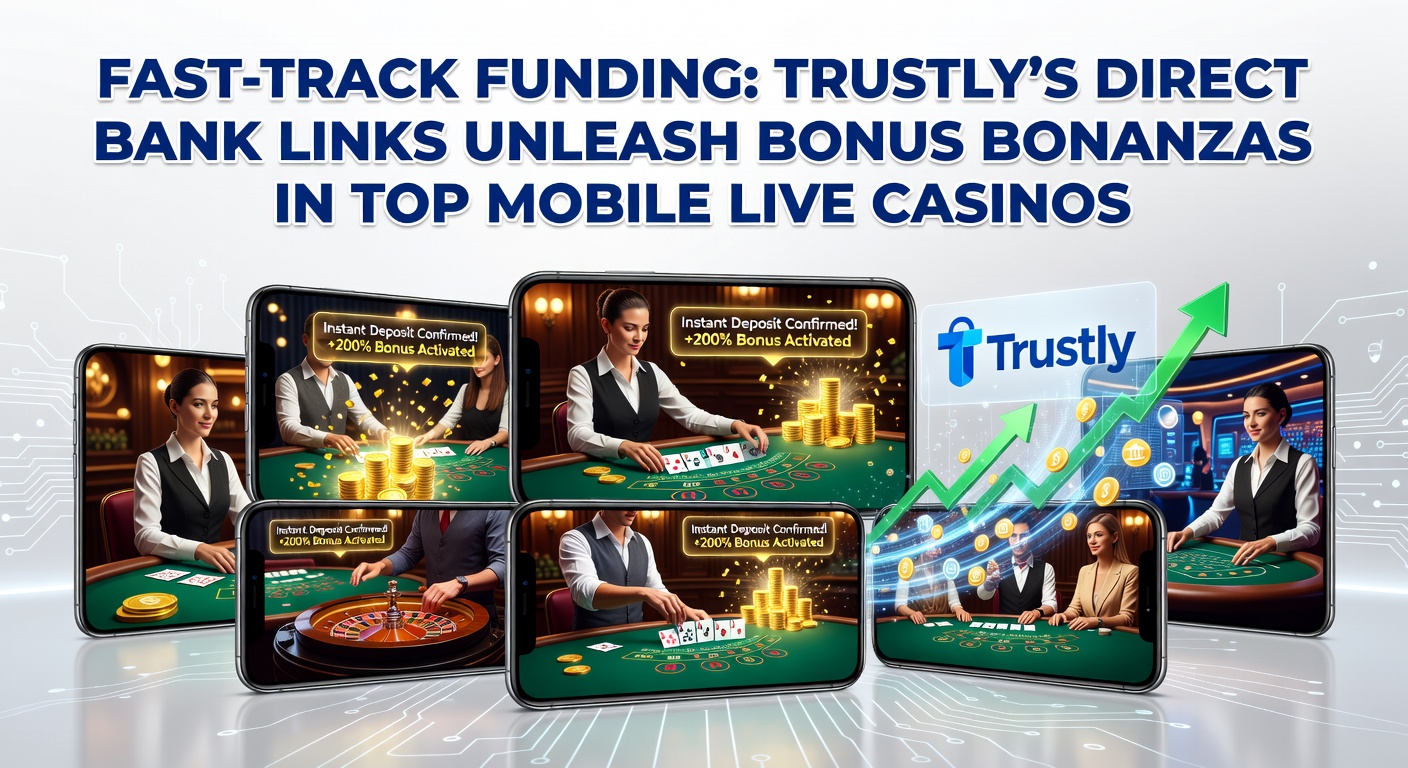 Close-up of a sleek mobile interface displaying Trustly bank selection leading to a live casino lobby bursting with bonus offers and dealer streams