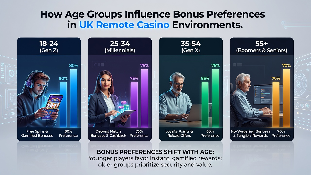 Players from various age groups engaging with mobile casino interfaces showing different bonus options
