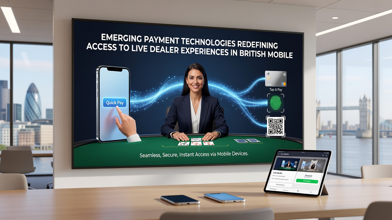 Close-up of a live dealer streaming on a tablet with overlaid payment technology icons and security badges
