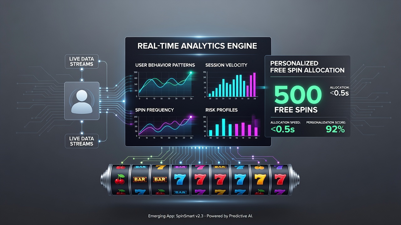 Mobile gambling app interface highlighting personalized free spin offers generated from real-time player data analysis