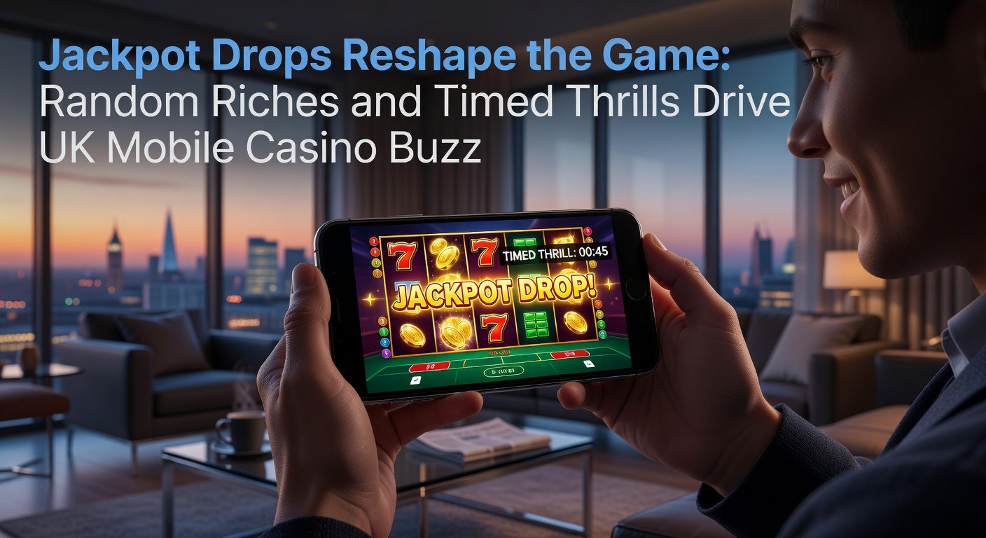 Close-up of a jackpot drop celebration on a smartphone, with golden coins exploding and player stats highlighting a massive win in a bustling UK mobile casino