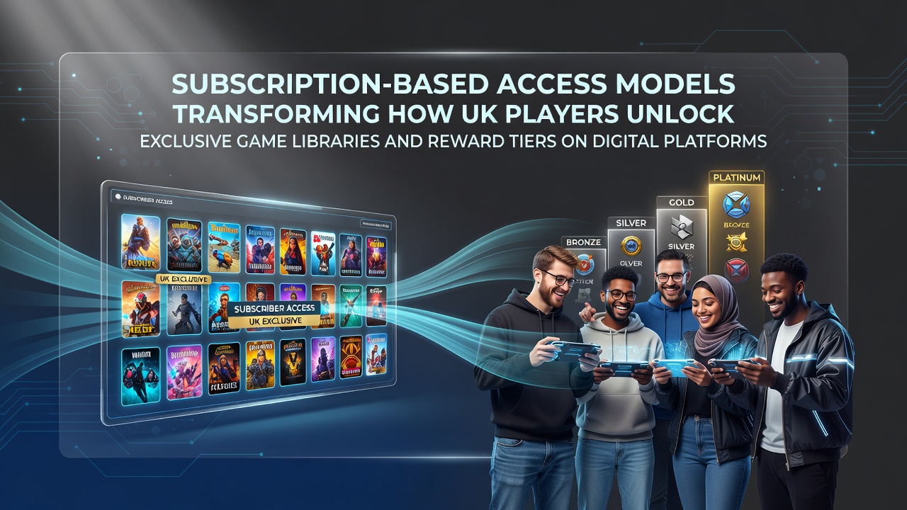 UK gamers exploring subscription tiers on digital platforms with exclusive game libraries displayed on screens