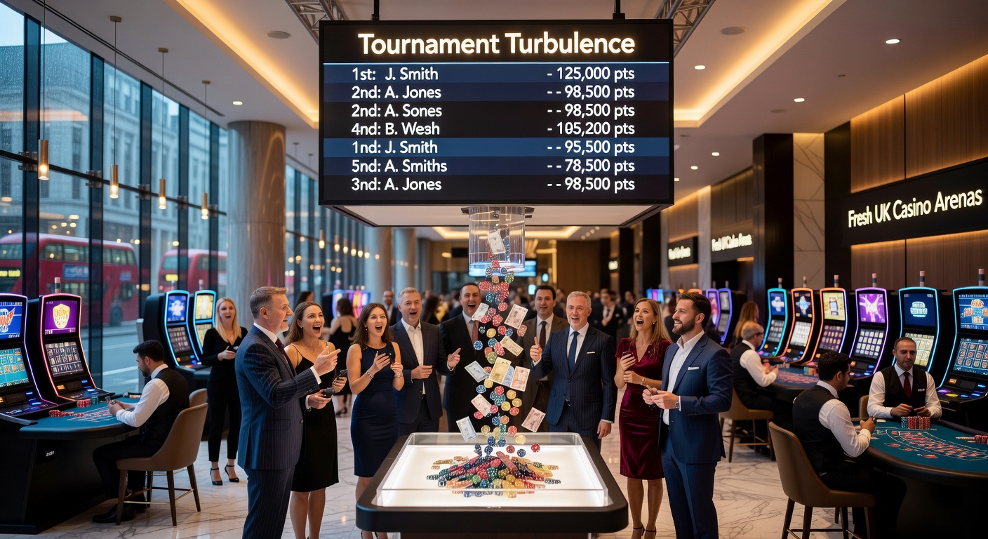 Dynamic casino leaderboard displaying top players climbing ranks amid flashing tournament notifications and prize icons